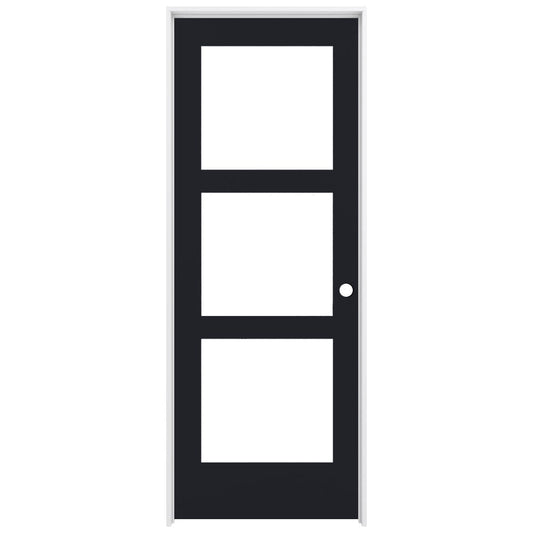 RELIABILT 30-in x 80-in Black Solid core 3-panel square Frosted glass Left hand Smooth Prefinished Pine Wood Flat Jamb Single Prehung Interior Door