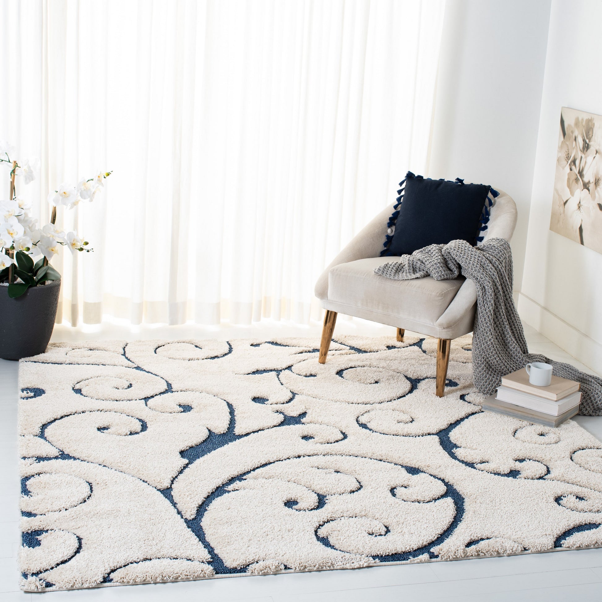 Safavieh Florida Scroll Shag 11 x 11 (ft) Cream/Blue Square Indoor Floral/Botanical Area rug