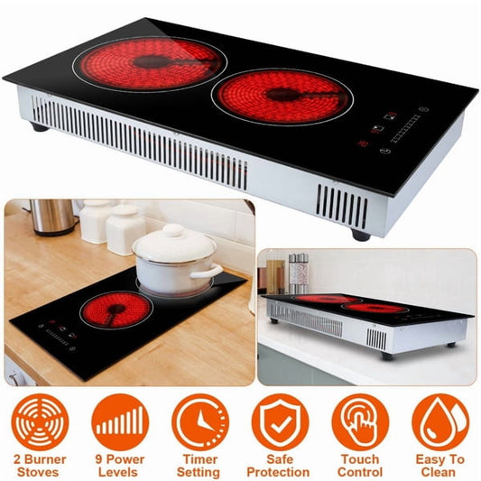 2 Burner Electric Cooktop, Dual Zone Ceramic Stove, 9 Power Levels, Smart Timer, Touch Control, for Simmer/Fry/Boil