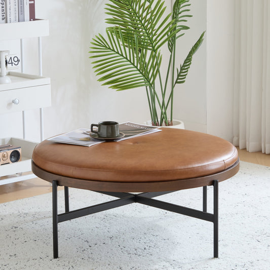 36'' Modern Round Cocktail Ottoman with PU Upholstery and Metal Base, Brown+Black