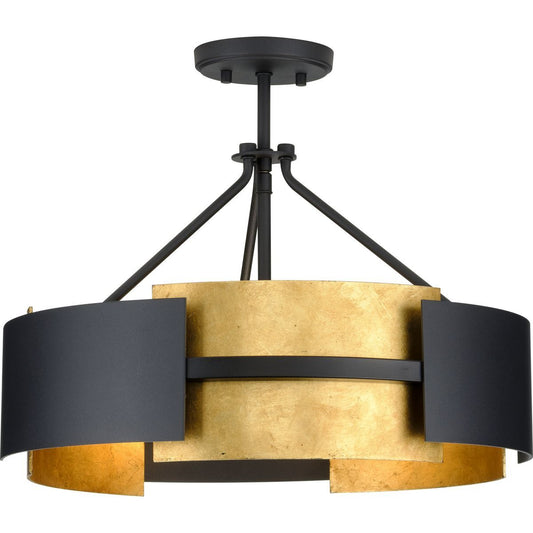 Progress Lighting Lowery 3 -Light Textured Black with Distressed Gold Accents Modern/contemporary Drum Medium Hanging Convertible pendant/Semi-flush 3654507