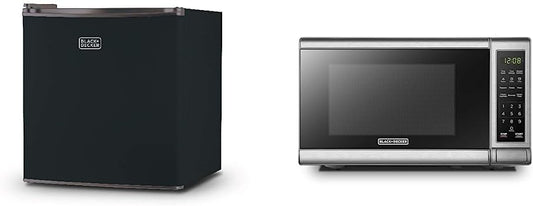 BLACK+DECKER BCRK17B Compact Refrigerator Energy Star Single Door Mini Fridge with Freezer, 1.7 Cubic Feet, Black & EM720CB7 Digital Microwave Oven with Turntable Push-Button Door, Child Safety Lock