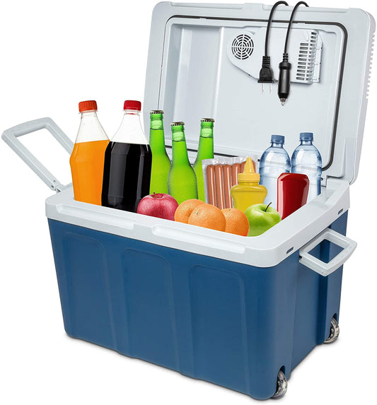 Ivation Blue Plastic Beverage Cooler, 47.6 Quart Capacity, Stays Warm or Cool, Portable with DC and AC Power Cords IVAPC45
