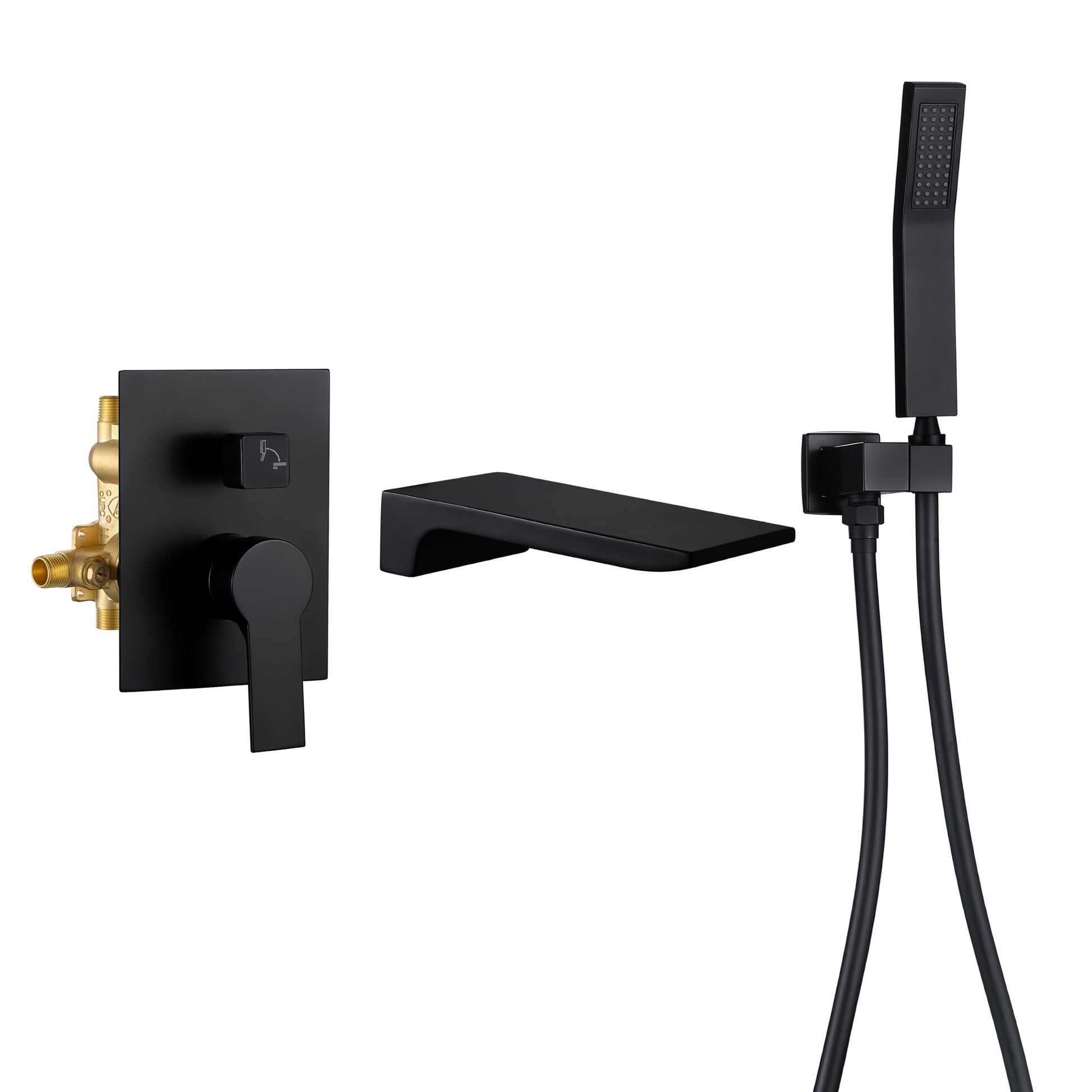 WELLFOR Matte Black 1-handle Wall-mount Low-arc Bathtub Faucet with Hand Shower ( Valve Included )