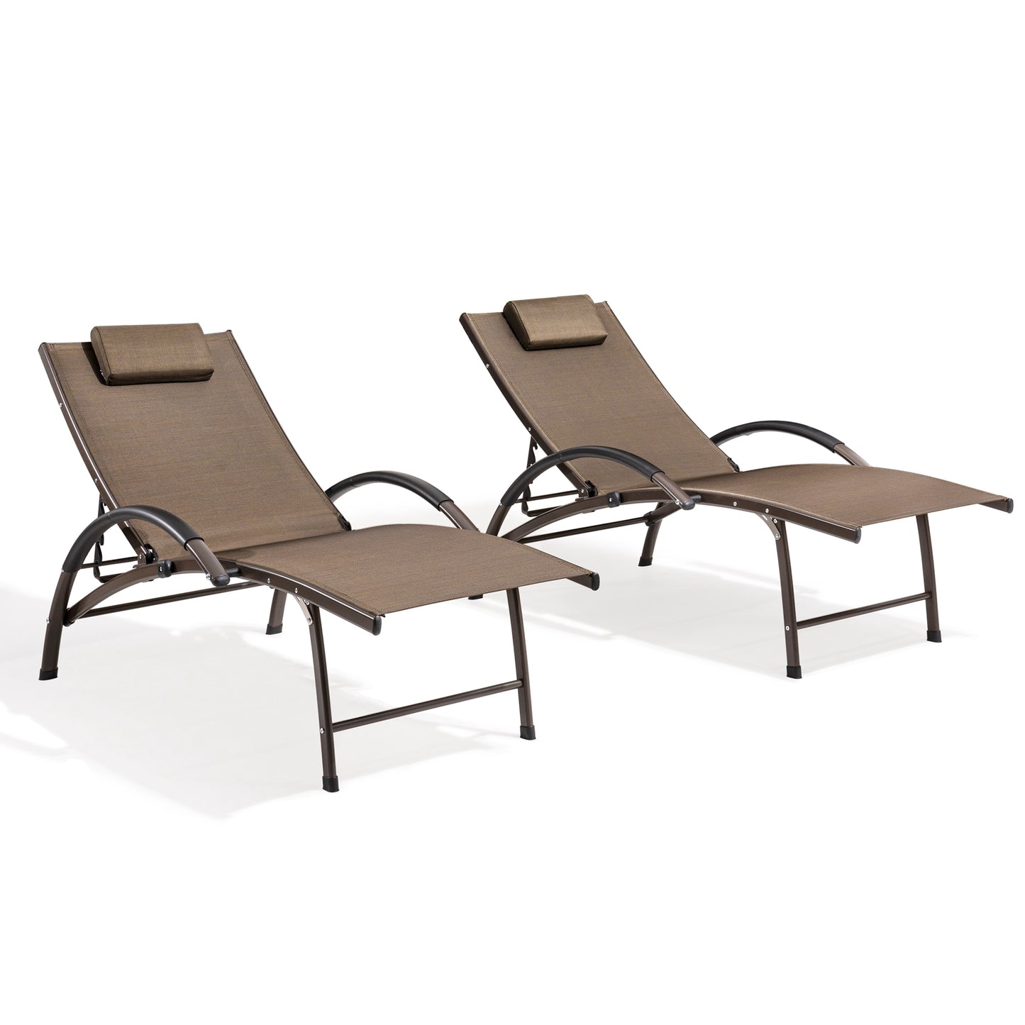 Crestlive Products 2 PCS Folding Patio Chaise Lounge Chairs Set of 2 Brwon Metal Frame Stationary Chaise Lounge Chair with Brown Texteline Sling Seat