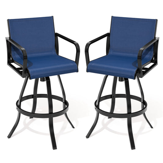 Crestlive Products Patio Teslin Seat bar stools Outdoor bar height stools Set of 2 Brwon Aluminum Frame Swivel Bar Stool Chair with Blue Texteline Mesh Seat