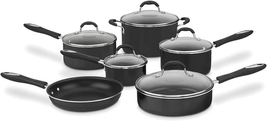 Cuisinart Advantage Nonstick Cookware Set, 11-Piece Pots and Pans Cooking Set with Aluminum Core for Quick and Even Heating, Easy Grip Handles, Dishwasher Safe, 55-11BK