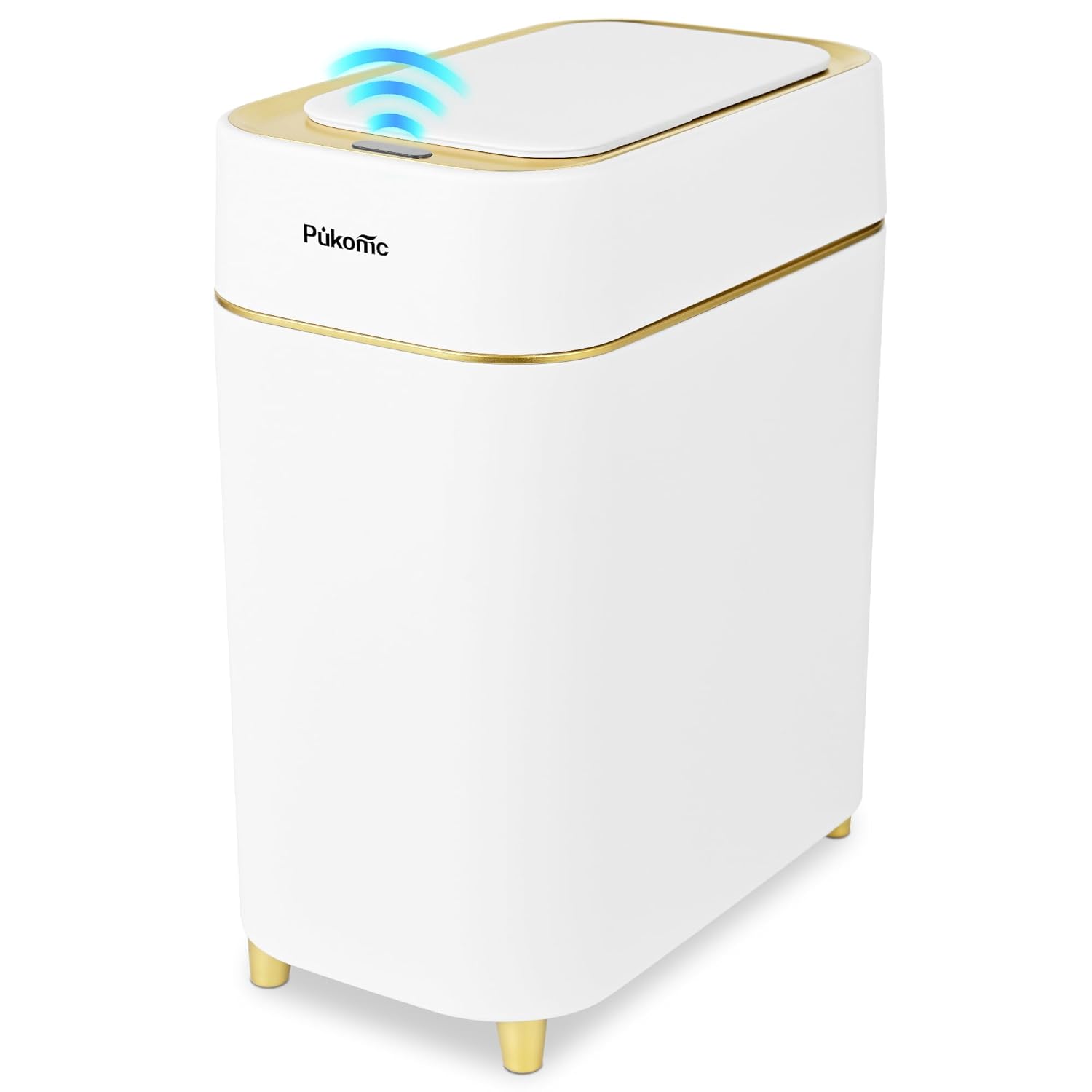 Pukomc 2.3 Gallon \/ 9L Automatic Adsorption Sensor Trash Can, White Gold Motion Sensor Garbage Bin with Vacuum Suction, Slim Fashionable Design for Kitchen, Bathroom, Office & Small Space