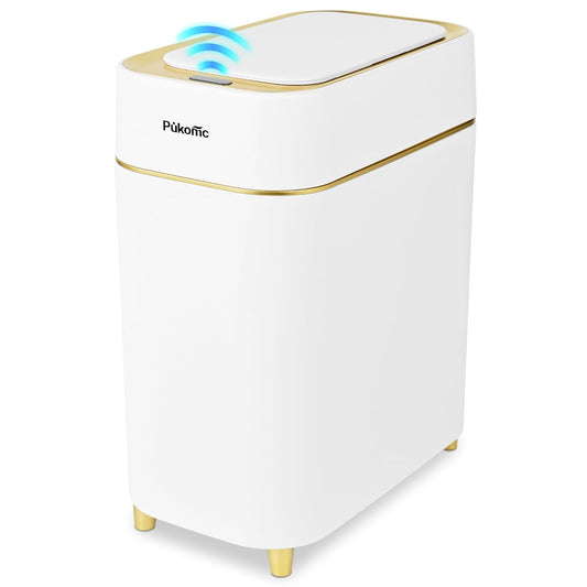 Pukomc 2.3 Gallon \/ 9L Automatic Adsorption Sensor Trash Can, White Gold Motion Sensor Garbage Bin with Vacuum Suction, Slim Fashionable Design for Kitchen, Bathroom, Office & Small Space
