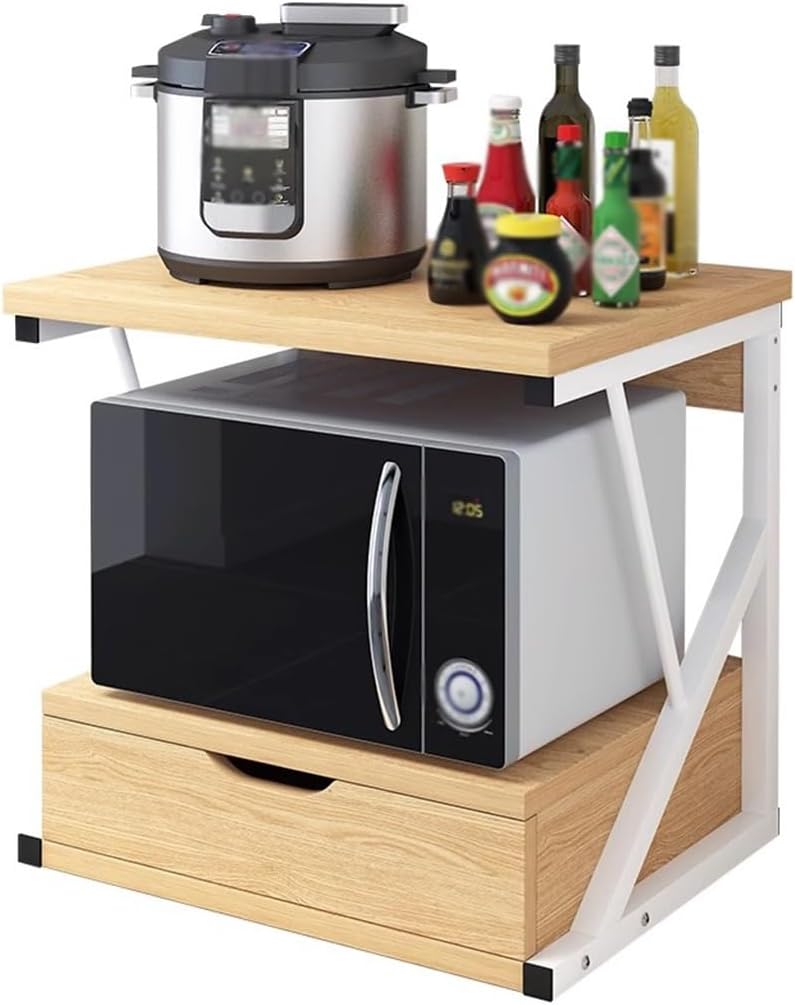 Microwave Stand Shelf with Drawer - 2 Tier Wooden Kitchen Storage Organizer for Home & Office, Countertop Rack for Printers and Appliances