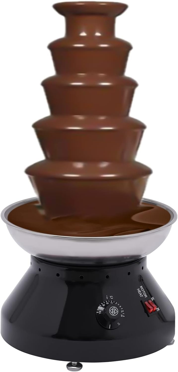 Treliamd Commercial Chocolate Fountain, 5 Layers Large Chocolate Cheese Fondue Tower Stainless Steel Hot Chocolate Waterfall for Nacho Cheese Knob Control (Black)