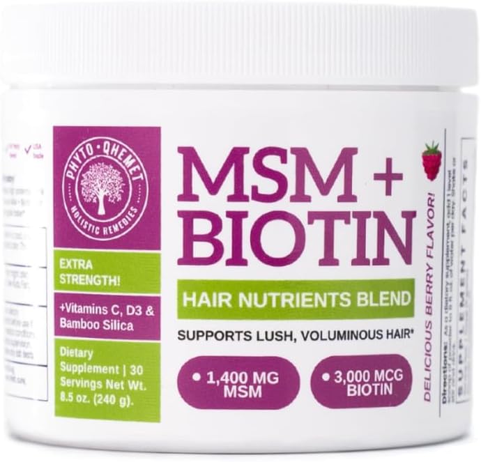 Qhemet Biologics MSM + Biotin Hair Nutrient Blend - Hair Vitamins Powder to Support Lush Volume - Bamboo Silica & Vitamins D3 + B12 for Hair Health - Jumpstart Your Rapid Hair Growth Journey (8.5 oz)