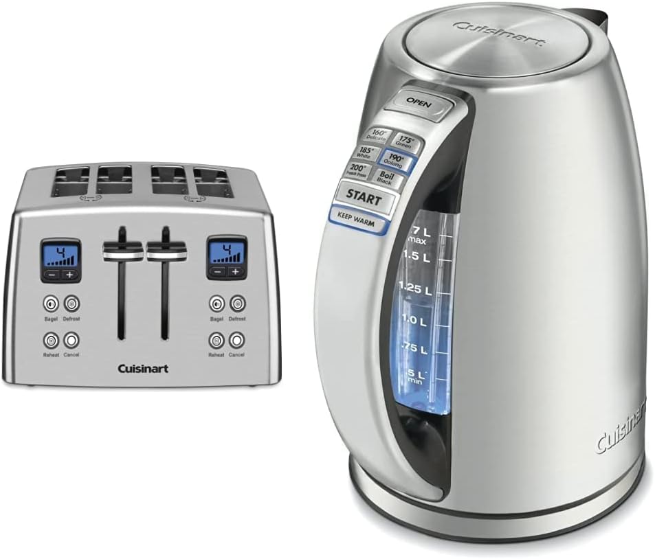 Cuisinart CPT-435P1 4-Slice Countdown Motorized Toaster, Stainless Steel & JK-17P1 Electric Cordless Tea Kettle, 1.7-Liter Capacity with 1500-Watts, Stainless Steel