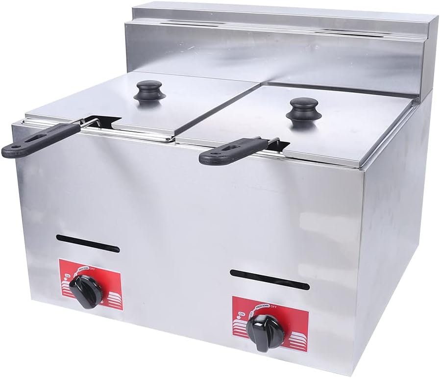 Commercial Deep Fryer Restaurant Gas Fryer Stainless Countertop Food Fryer with 2 Baskets & 2 Lids 12L