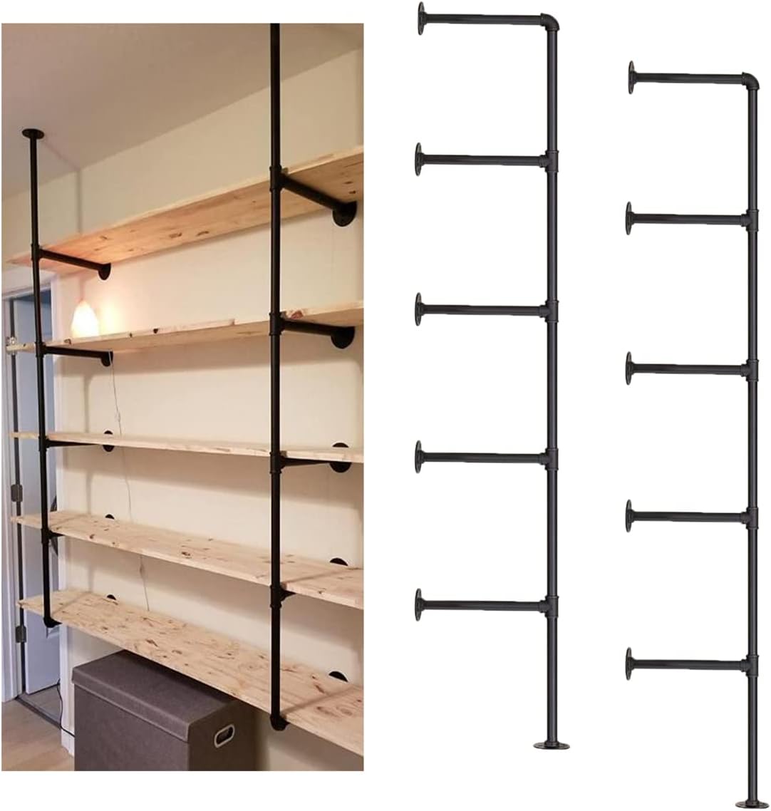 Industrial Wall Mount Iron Pipe Shelf Shelves Shelving Bracket Black Vintage Retro Ceiling Hung Shelf DIY Open Bookshelf Storage for offcie Room Kitchen (2PcsX5Tier,68" Tall,10" deep,Hardware Only)