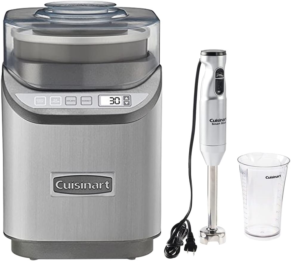 Cuisinart ICE-70 Electronic Ice Cream Maker, Brushed Chrome Bundle with Cuisinart CSB-175SV Smart Stick Two-Speed Hand Blender, Silver