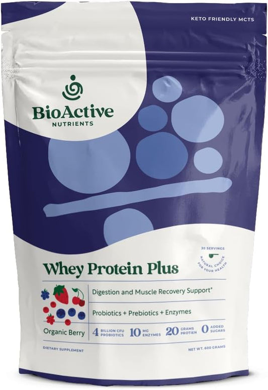 Whey Protein Plus 600g 20 Servings 4 Billion CFU Probiotics Prebiotics 10mg Enzymes L-Glutamine 20g Protein Antioxidants Phytonutrients Keto MCTs No Sugar