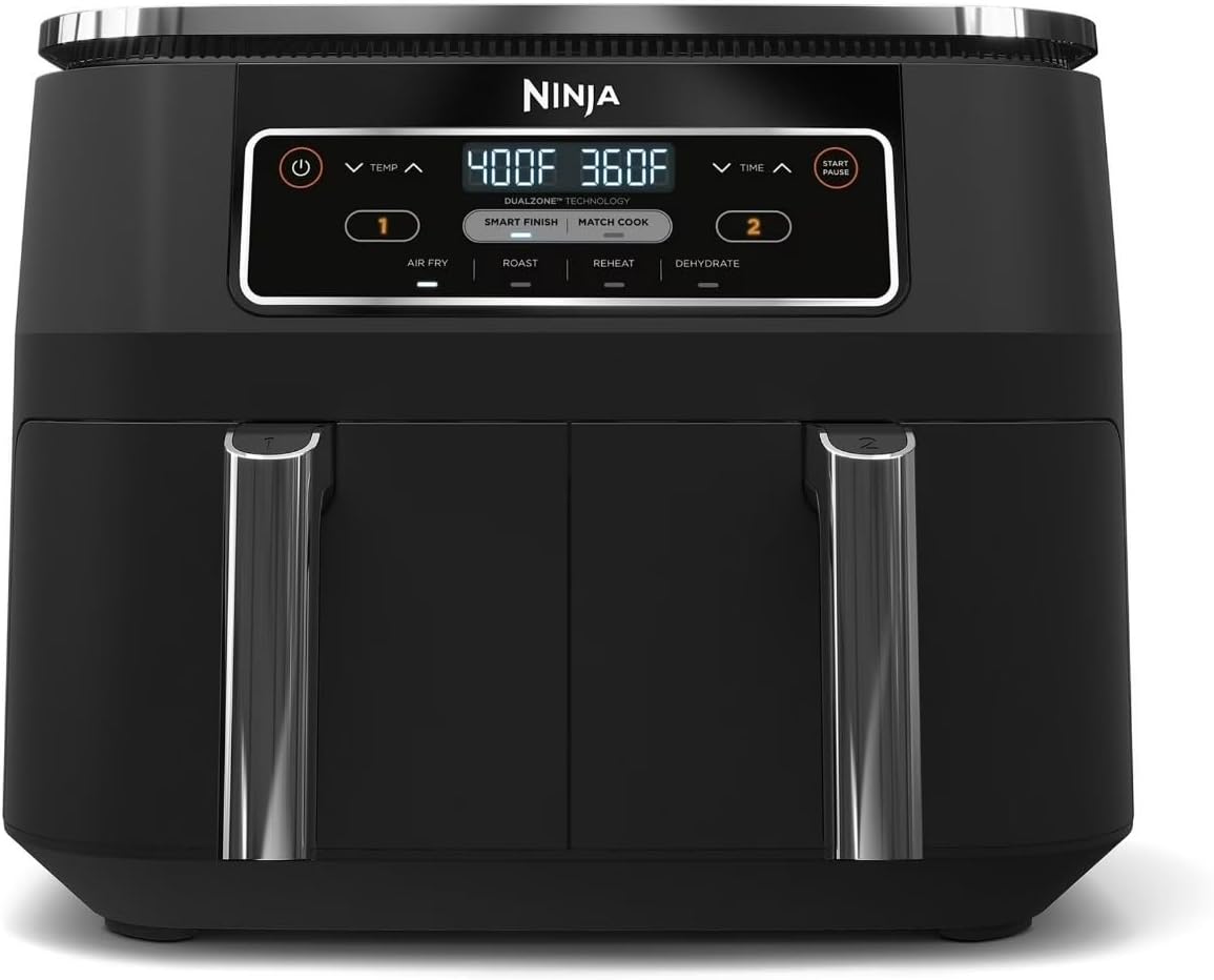 Ninja Foodi 8 Quart DualZone Air Fryer, 4-in-1 Smart Finish Technology, 2 Independent 4 Qt Baskets, Roast, Reheat, Dehydrate & Airfry, Family-Sized Toaster Oven Alternative for Quick Kitchen Meals