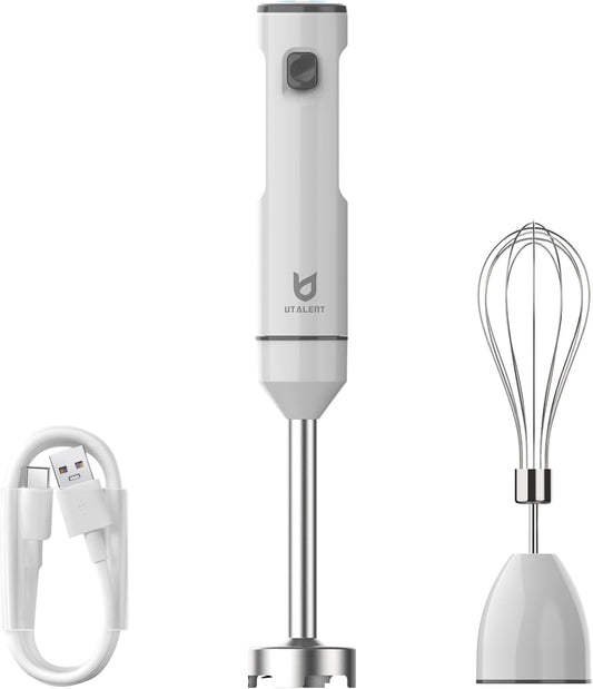 Cordless Hand Blender, UTALENT Variable Speed Immersion Blender handheld Rechargeable, with USB-C Charging Cable, Egg Whisk, for Smoothies, Milkshakes, Hummus and Soups – White