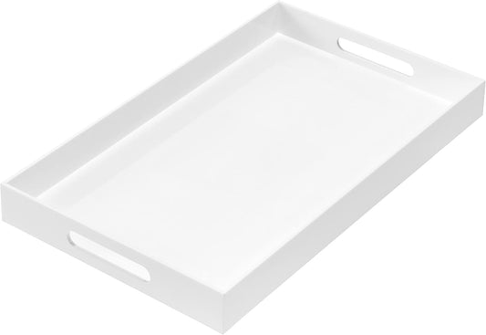MUKEEN Glossy White Sturdy Acrylic Serving Tray with Handles 12x20x2H Inches -Spill Proof- Decorative Trays Countertop Organizer for Ottoman Coffee Table Nightstand, sidetable, Breakfast, Tea, Food