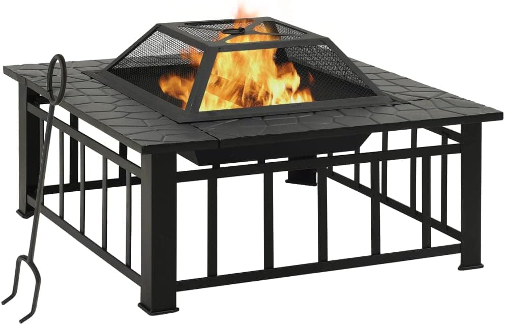 Garden Fire Pit with Poker Steel Outdoor Fire Pit with Mesh Cover and Poker for Garden Patio Heating 31.9"x31.9"x18.5" XXL Steel