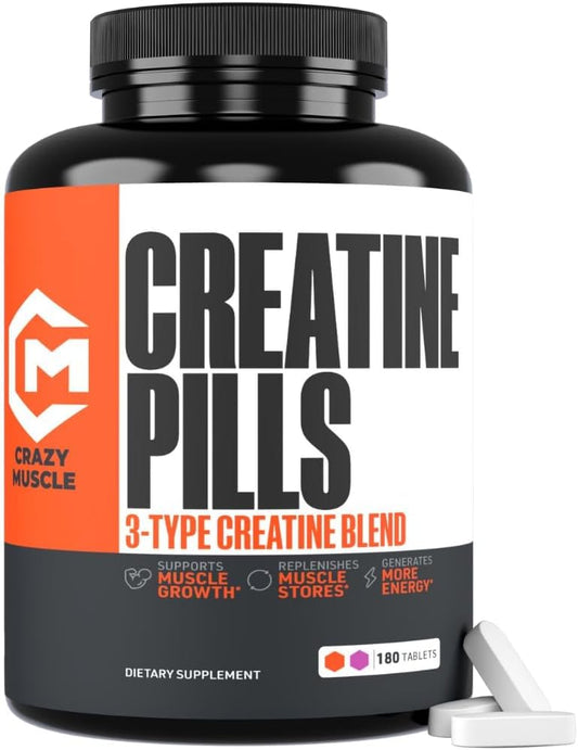 Crazy Muscle Creatine Monohydrate Pills, Premium 3 Type 5g Creatine Pills, Pre and PostWorkout & Keto Energy Builder, Easy to Take Three-Atine for Optimum Performance Men Women, 180 Tablets