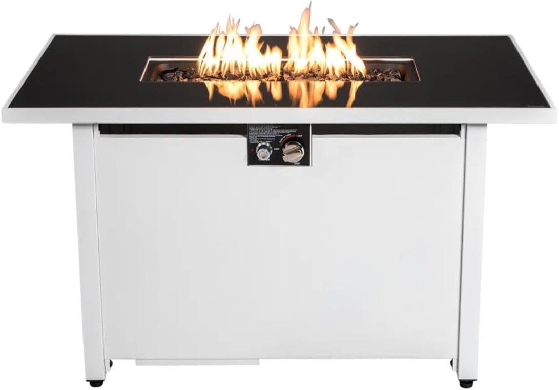 Rectangular Fire Pit 43 in Outdoor Patio Heating Table 50000 BTU Durable Hidden Tank Storage Adjustable Flame Control Integrated with Lid Polyester Cover Lava Rock Filler UV Resistant Steel White
