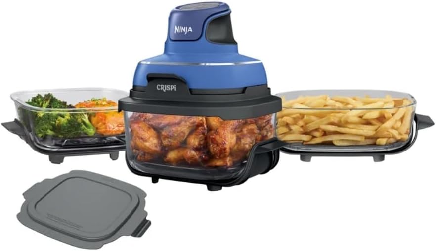 Ninja FN103CO Crispi 5-in-1 Portable Glass Air Fry Cooking System, 2.5-qt, 4-qt and 6-qt Containers for Family Cooking, Reheating, Party Favorites.