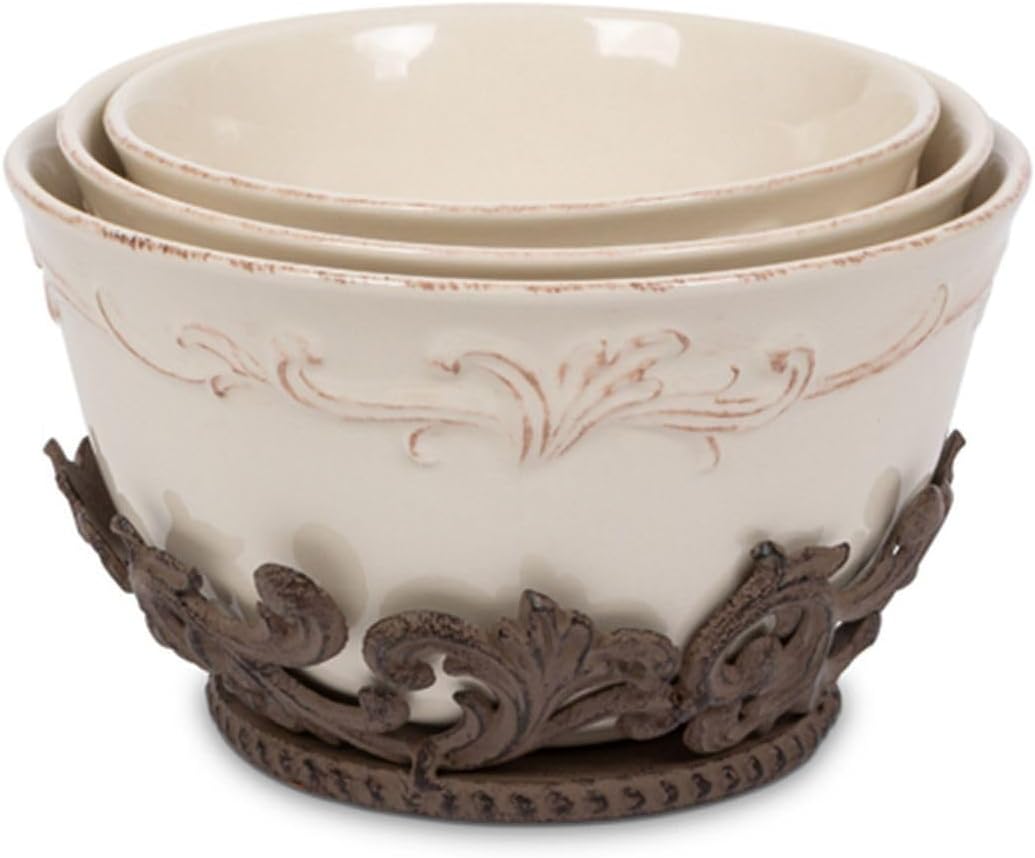 Park Hill Collection Acanthus Stoneware Nesting Bowls, Set Of 3 With Base