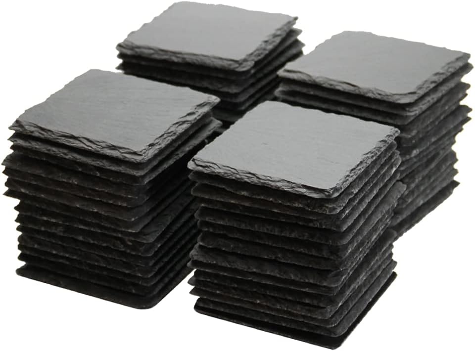 MONKEY SUN 60 Pack 4 x 4 Inch Gorgeous Black Slate Stone Coasters Bulk Square Slate Stone Cup Coaster for Drink Bar Kitchen Home, Handmade Natural Rough Edge, Set of 60