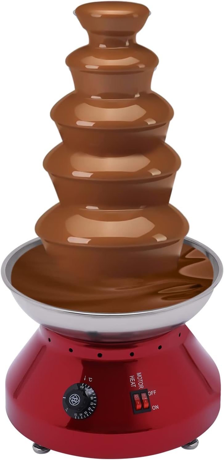 Electric Chocolate Fondue Fountain Machine, 5 Tier Chocolate Fondue Fountain 7 lbs Electric Melting Machine for BBQ Sauce, Ranch, Nacho Cheese, Liqueurs (Red)