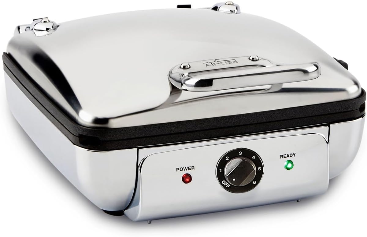 All-Clad Stainless Steel Waffle Maker 4 Section, Thick Belgium Waffle Makers, Upright Storage 1600 Watts, Nonstick, 6 Browning Levels, Dishwasher Safe, Silver