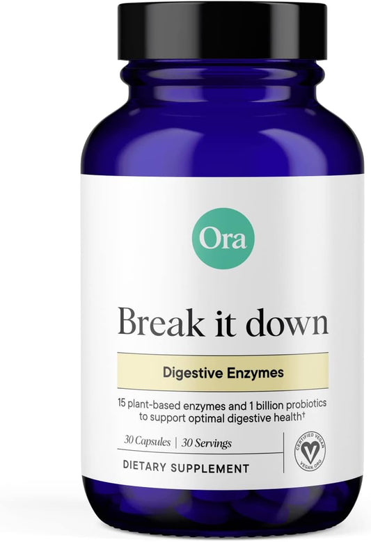 Ora Organic Multi-Enzyme Supplement - Vegan, Gluten Free Enzymes for Digestion with Probiotics for Gut Health, Bloating, Constipation and Gas Relief - 30 Easy to Swallow Capsules