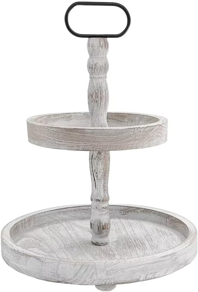 Farmhouse 2 Tiered Tray Stand for Home Decor, Wooden Serving Tiered Tray for Coffee Bar Table Centerpiece, Decorative Trays Kit for Countryside, Round Rustic Stand for Cake Cupcake(White)