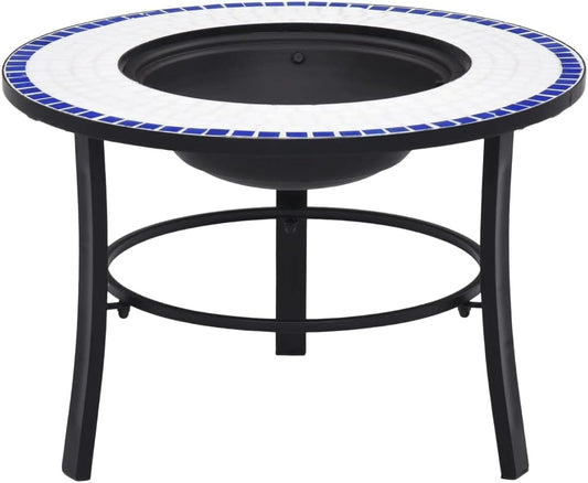 Mosaic Fire Pit Blue and White Steel Fire Pit Bowl with Grid and Tabletop for Outdoor Heating and BBQ Use 26.8" Ceramic
