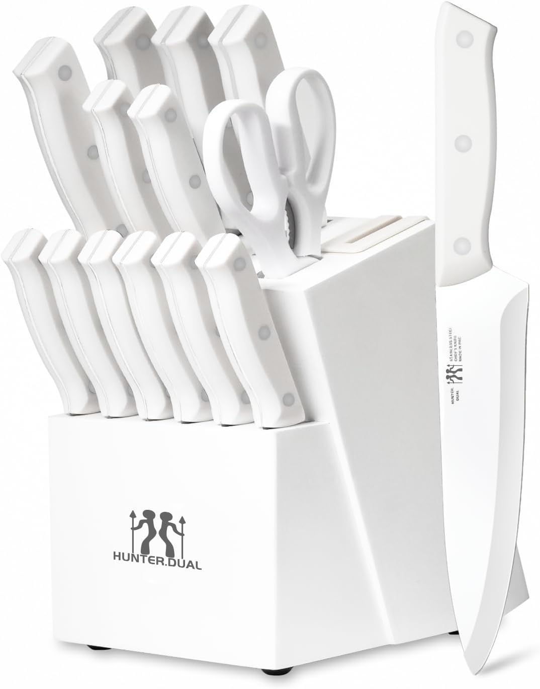 Knife Set, HUNTER.DUAL 15 Piece Kitchen Knife Set with Block and Built-in sharpener, Dishwasher Safe, Anti-slip Handle, White