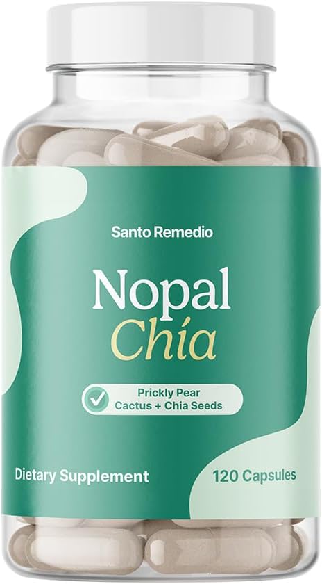 Santo Remedio Nopal Chia, Prickly Pear Cactus and Chia Powder Dietary Supplement, Clinically Proven Ingredients, Gluten Free, Non-GMO, No Added Sugar, 120 Capsules, 60 Servings Per Container