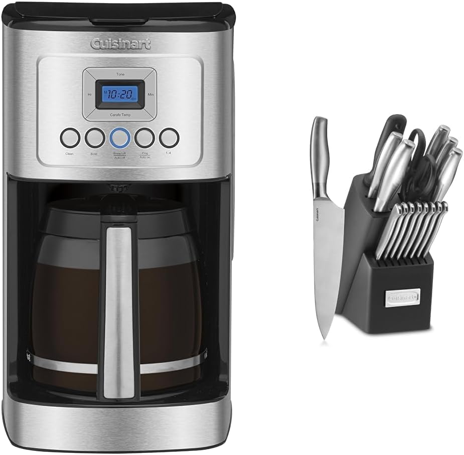 Cuisinart Coffee Maker, 14-Cup Glass Carafe, Fully Automatic & Block Knife Set, 17pc Cutlery Knife Set with Steel Blades