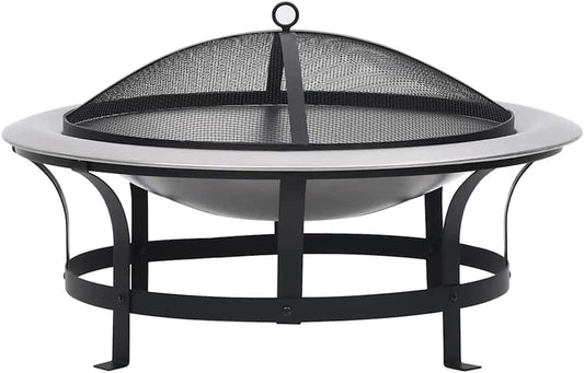 Outdoor Fire Pit with Grill, Stainless Steel 29.9" Round, Weatherproof Patio Heater for Backyard, Deck, Bonfire, Camping