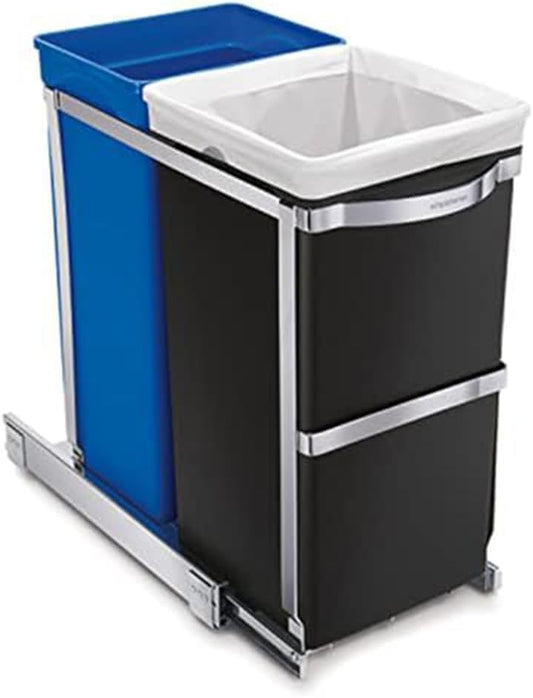 simplehuman 35 Liter \/ 9.3 Gallon Dual Compartment Under Counter Kitchen Cabinet Pull-Out Recycling Bin and Trash Can, Chrome