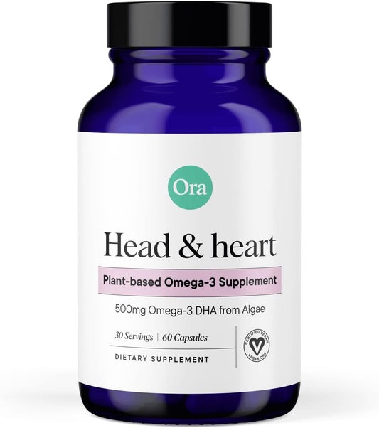 Ora Organic Vegan Omega 3 Supplement - 500mg DHA for Brain, Eye, and Heart Health - Made from Sustainable Algae - 60 Capsules