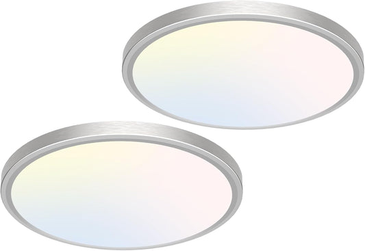 libtit 12 inch Flush Mount LED Ceiling Light Fixture, 3000K 4000K 6500K Adjustable, 28W 3200lm Brushed Nickel Satin Round Ceiling Lamp for Bathroom Hallway Kitchen Bedroom, 2 Pack