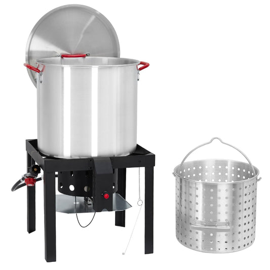 60 QT Aluminum Seafood Boil Pot with Strainer Basket, 110,000 BTU Propane Burner, Outdoor Fryer Kit for Seafood Boiling
