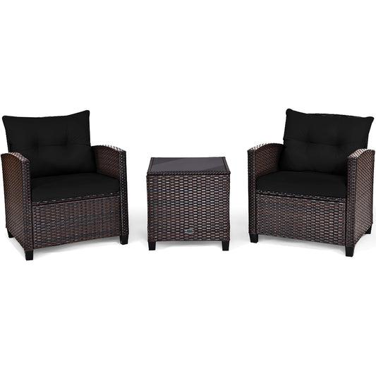 Costway 3 -Piece Rattan 2 Patio Sofa Conversation Set with Black Cushions