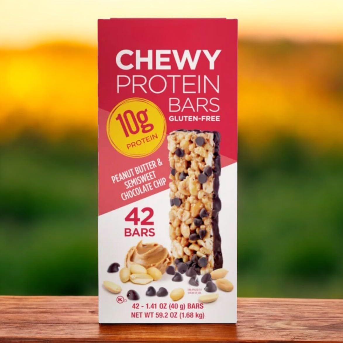 Kirkland Chewy Protein Bars – Peanut Butter & Chocolate Chip, 1.41 oz, 42 Count | Gluten-Free, 10g Protein