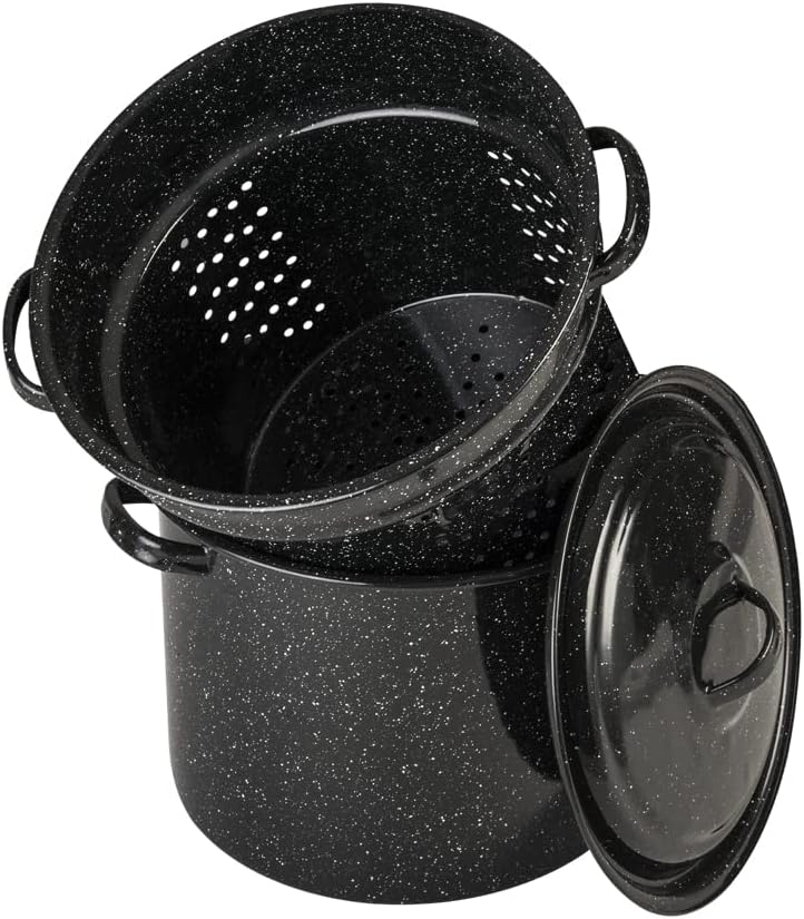 Granite Ware 7.5 Qt 3 Piece Multiuse Pasta Pot Set, Strainer Pot with lid. (Speckled Black) Seafood, Soups, Sauce, Large Capacity. Easy to Clean. Dishwasher Safe.
