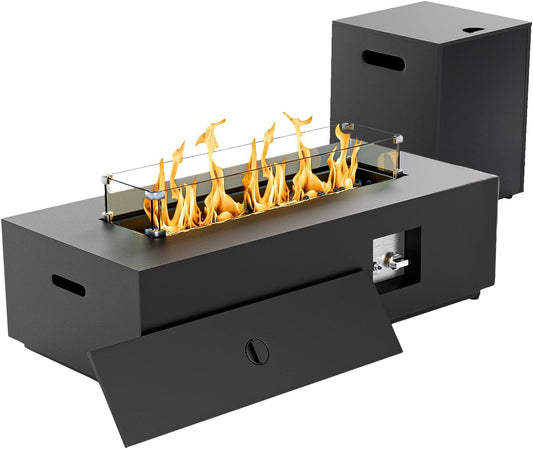 SUNPEAK 42" Rectangular Propane Fire Pit Table 50,000 BTU Fireplace Table with Wind Guard, Lid, Rocks and Cover - Fire Pits & Outdoor Fireplaces - Gas Fire Pits for Outside Patio (Black, 42")