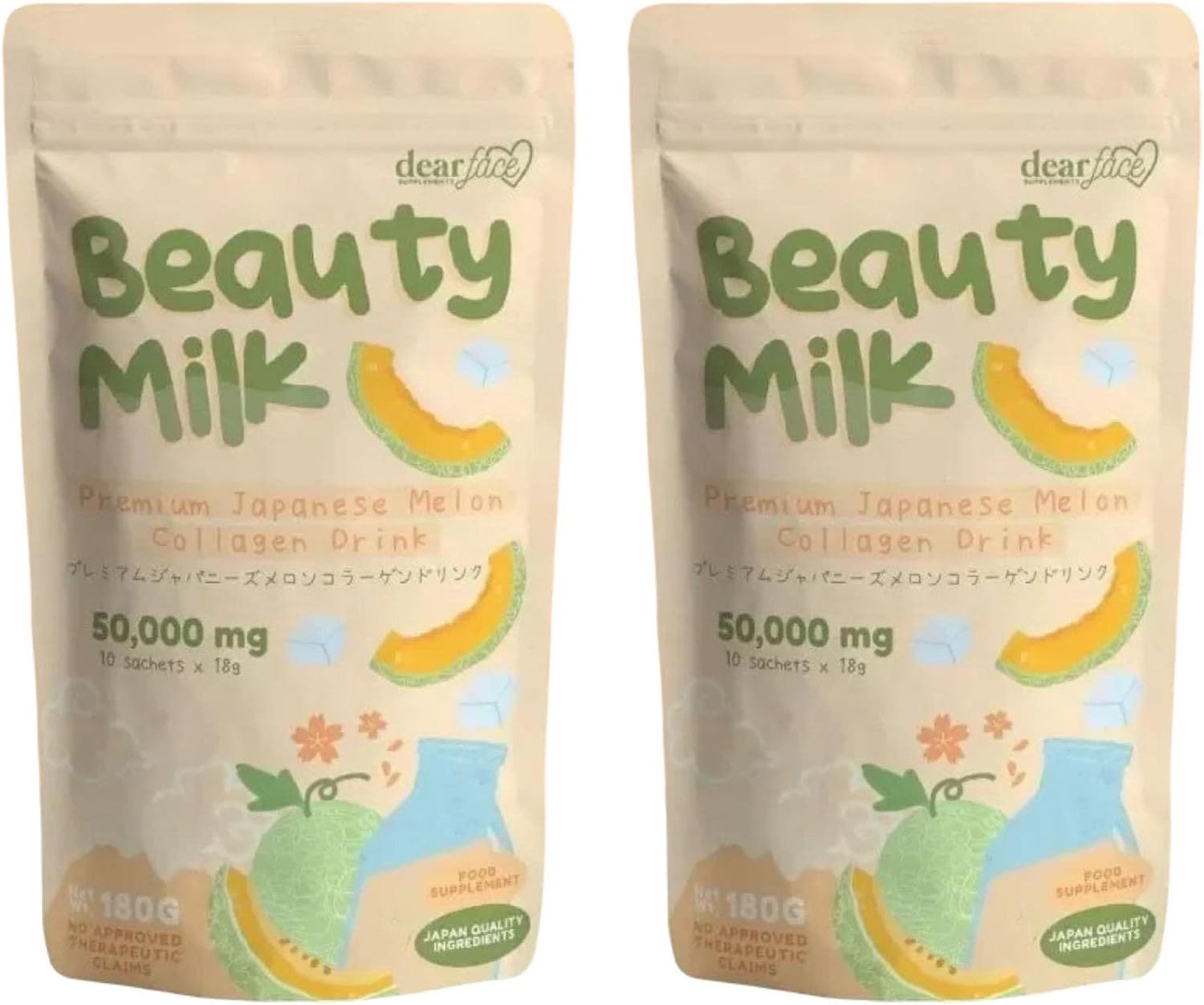 2 Packs Beauty Milk Japanese Collagen Melon Drink - 50,000mg Hydrolyzed Collagen