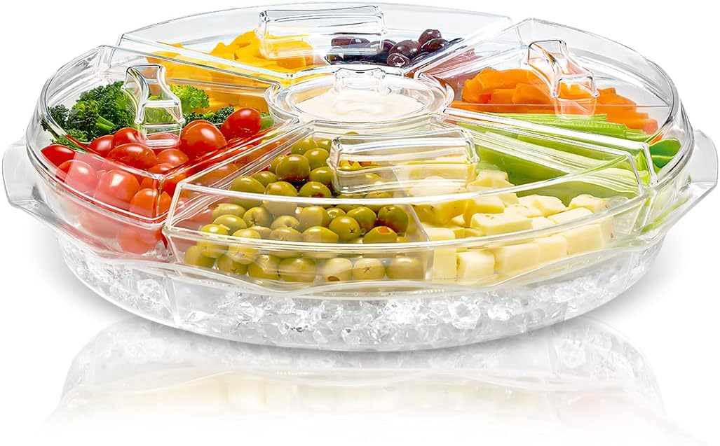 Chef's Star 16" Food Tray with Ice Compartment & Lid - 8 Section with Dip Holder Clear Acrylic Chilled Bowl for Lunch, Picnics & Parties
