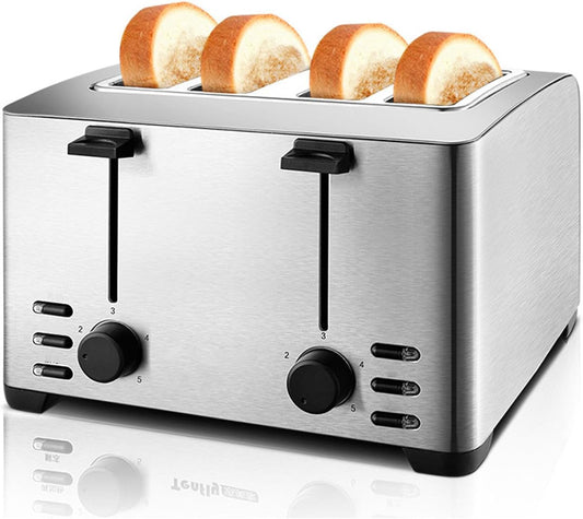 1260W Household Electric Toaster, Baking Bread Sandwich Maker with Grill 4 Slices Brushed stainless steel 230 * 158mm Slot, Breakfast Machine Toast Oven Heater